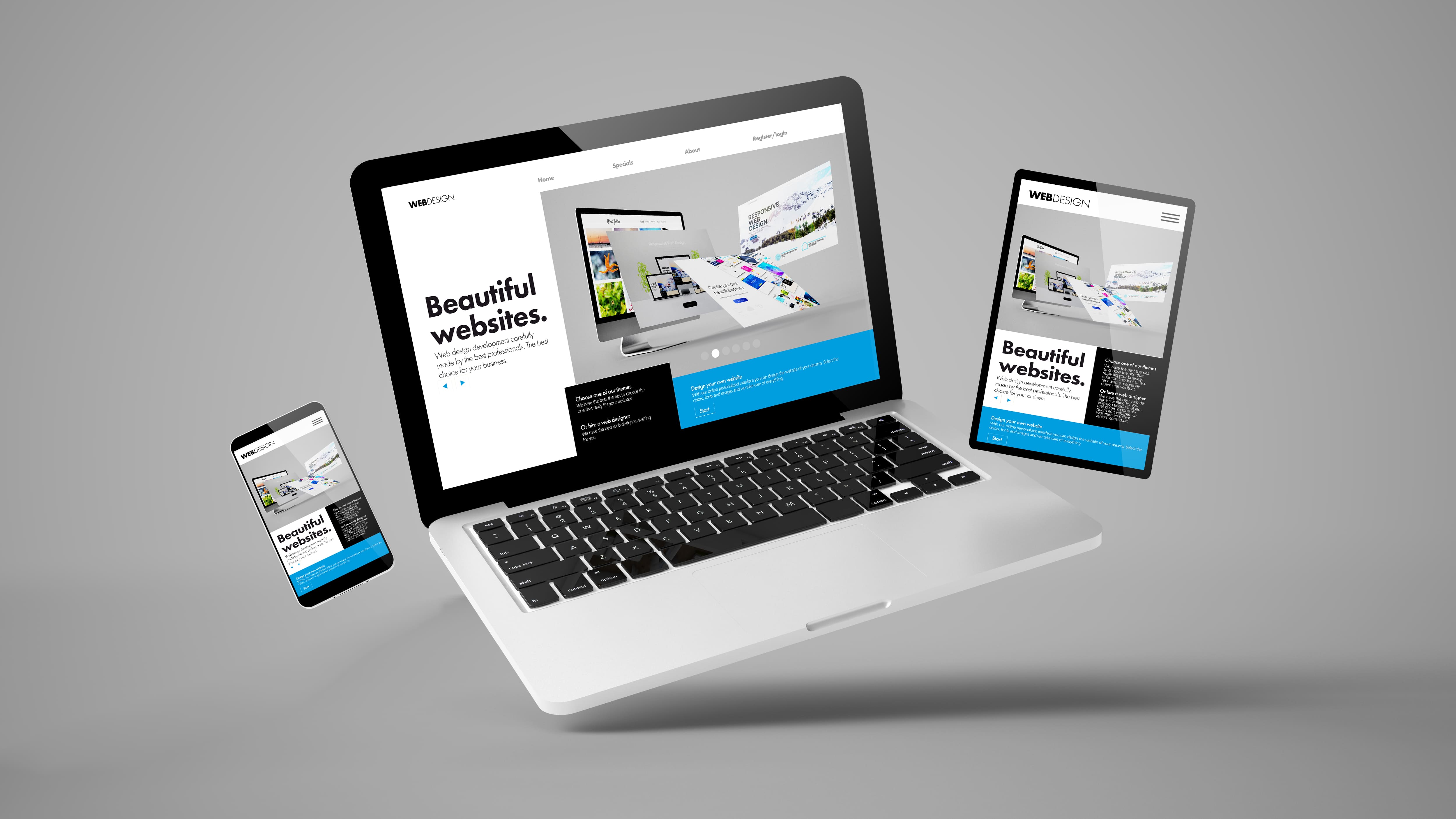 - responsive design - flying laptop mobile tablet 3d rendering showing builder website responsive web design 2 - ux/ui
